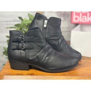 Lauren Blakwell Lyla Black Ruched Buckle Ankle Boots Womens 7.5 Low Block Heel